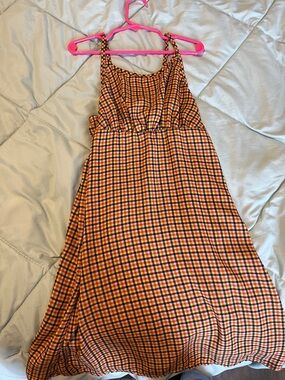 Sleeveless Plaid Midi Dress in Orange and Black